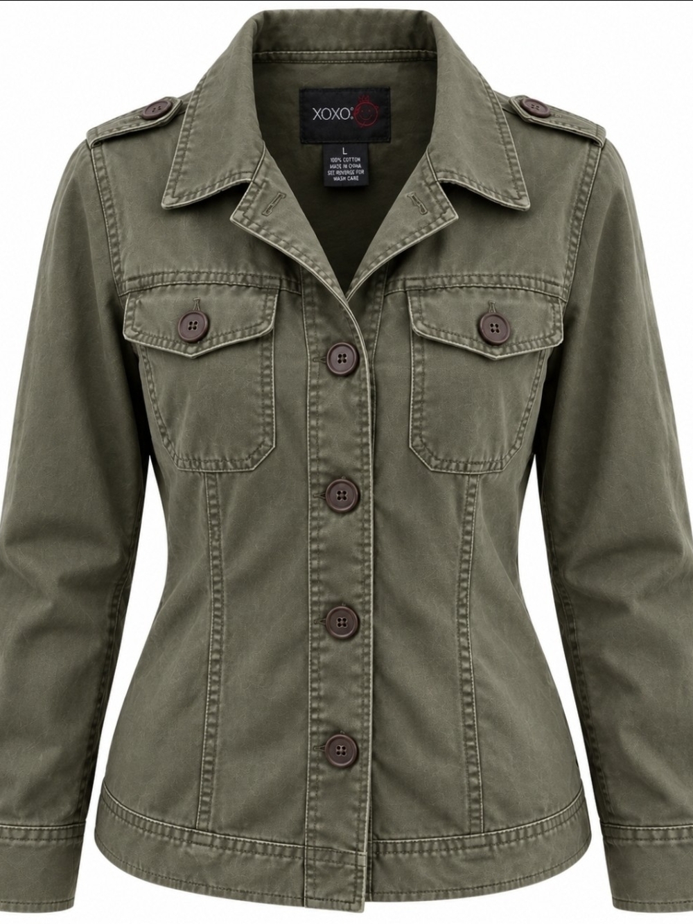 XOXO Women's Military Utility Jacket Olive Green 100% Cotton Size Large